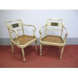 A Pair of Regency Painted Carver Chairs, with turned top rail, a pierced central rail decorated with