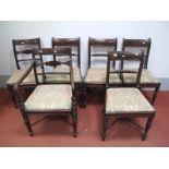 A Set of Six Harlequin Regency Dining Chairs, four single chairs with brass inlaid top rails, rope