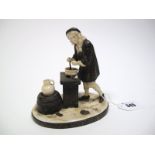 An Early XX Century Continental China Figure, as a gentleman standing beside a stool, lighting his