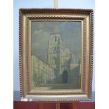 W*** R*** (British School, Early XX Century)Continental Street Scene with Church, oil on canvas,