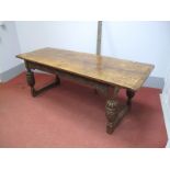 A XIX Century and Later Joined Oak Refectory Table, with rectangular plank and baton top, frieze