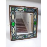 A Mid XX Century Rectangular Wall Mirror, with leaded, stained glass border, copper frame, 40 x 35.