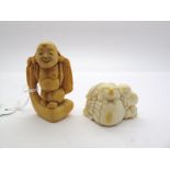A Late XIX Century Japanese Carved Ivory Netsuke, as Hotei with a bag of wind, 5.1cms high; Another,