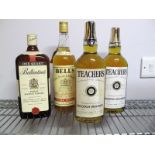 WHISKY - Ballantine's Scotch Whisky; Teacher's Scotch Whisky (2 bottles); Bell's Scotch Whisky. (4)