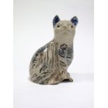 An XVIII Century Staffordshire Pottery Agate Ware Model of a Seated Cat, (area of loss to base rim),