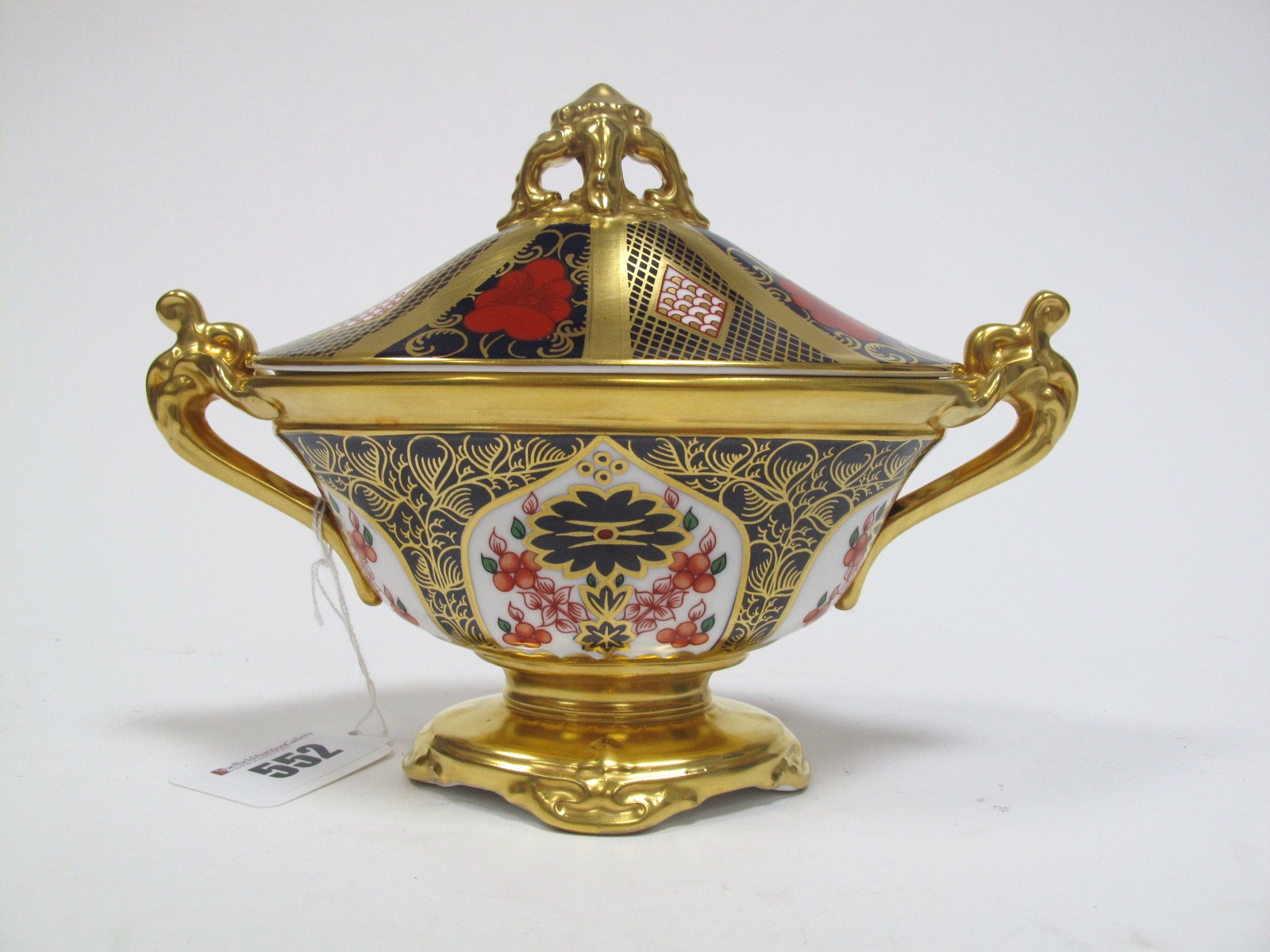 A Royal Crown Derby Bone China Two Handled Pedestal Vase and Cover, painted and gilt in the Old