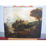 ENGLISH SCHOOL (Mid XIX Century)A River Landscape, with an angler and cattle in the foreground and a