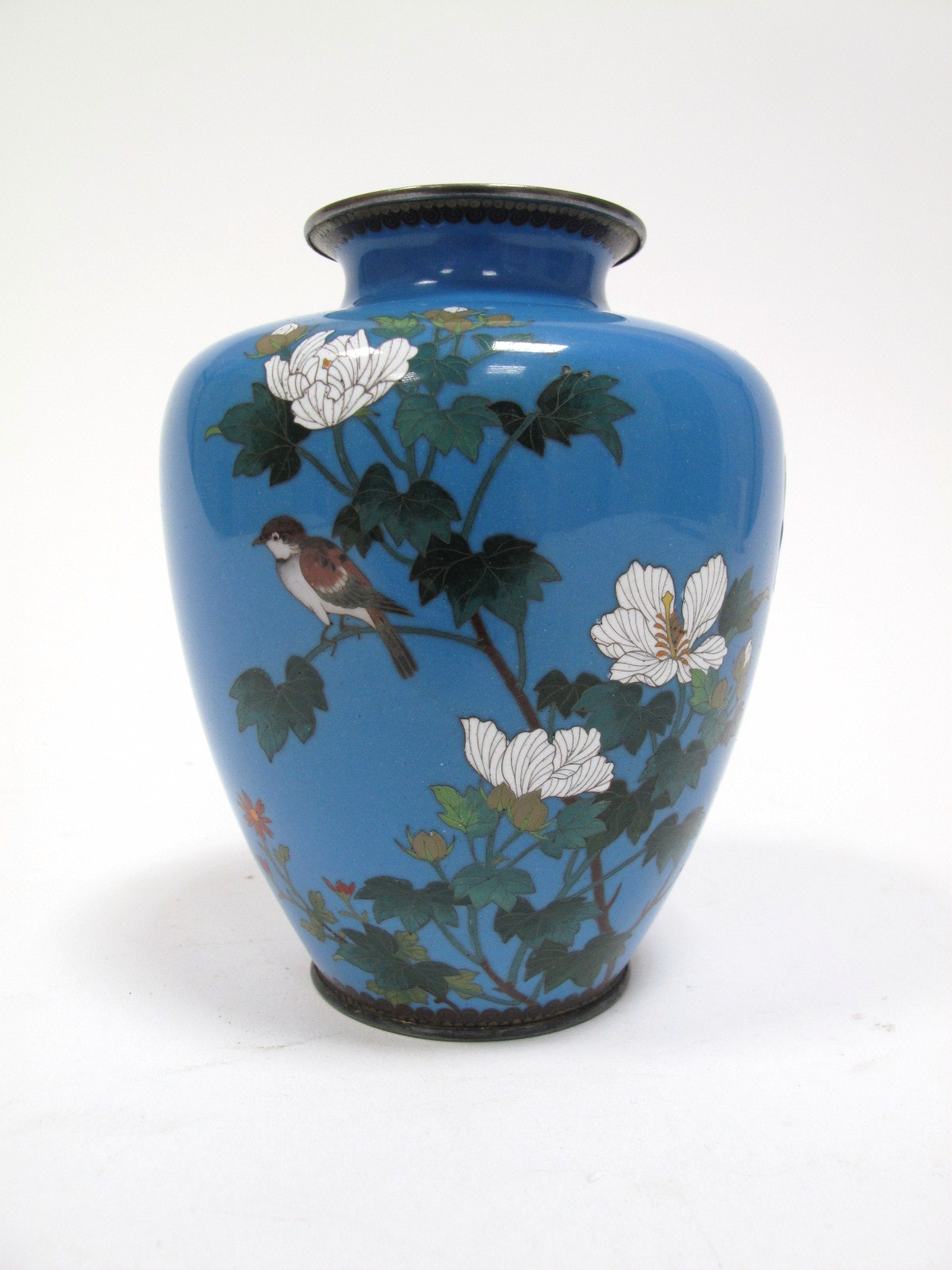 An Early XX Century Japanese Cloisonné Baluster Vase, decorated with birds amongst flowering plants,