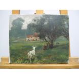 •ALFRED JAMES MUNNINGS (1878-1959)Grazing Goats with Nearby Farmstead, oil on canvas, signed and