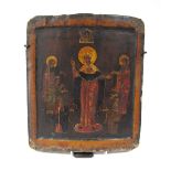A Russian Icon, depicting the Virgin with saints, painted gesso on wood panel, possibly XVIII