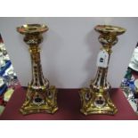 A Pair of Modern Royal Crown Derby First Quality China Candlesticks, painted and gilt in the Old