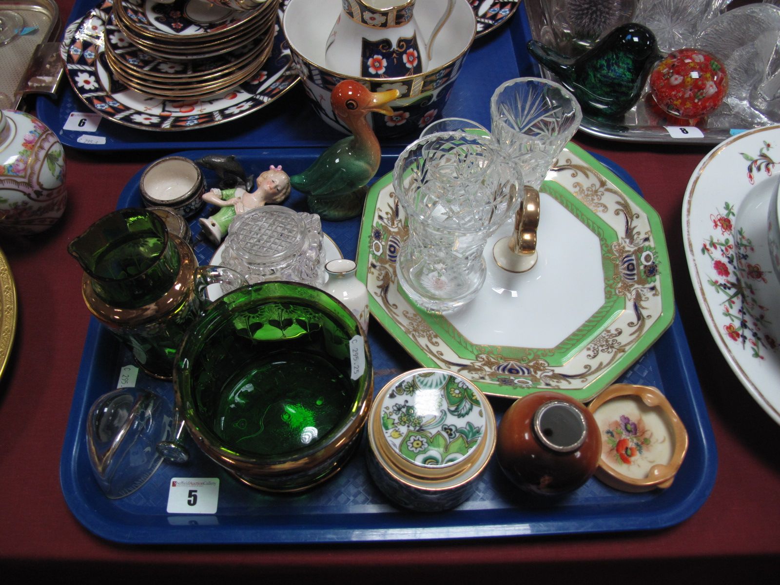 A Noritake Cake Plate, lead crystal vases, Weatherby model duck, a pair of pottery salts with silver