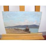 # Oil On Board, Quayside Scene with moored tug, and horse drawn cart with figures, 25 x 35cms,