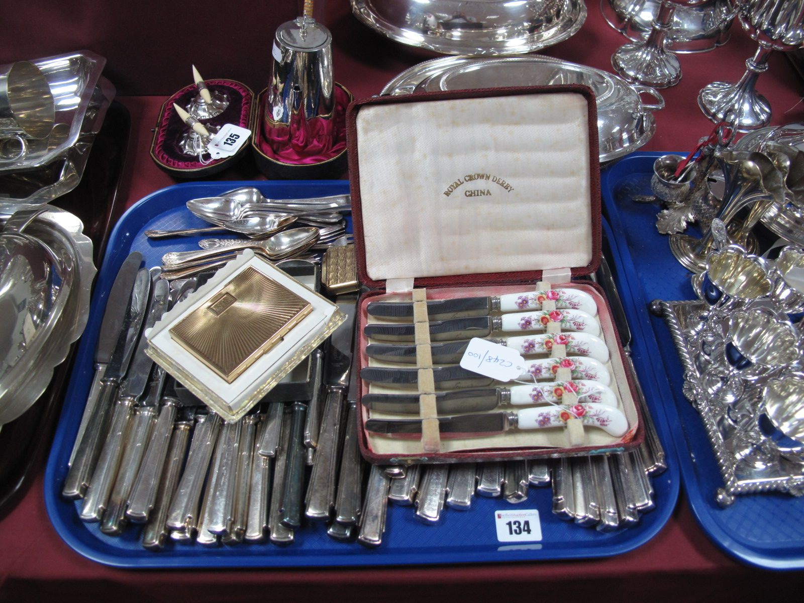 Assorted Plated Cutlery, including cased Royal Crown Derby tea knives, Revlon powder compact,