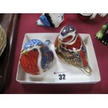 Two Royal Crown Derby China Paperweights, as "a robin" and "a chaffinch", both 6.5cms high, but