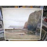 # Watercolour Circa Early 1900's, Mussel Pickers on Foreshore, possibly Whitby, 50.5 x 60.5,