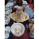 A Circa 1900 Toilet Jug and Bowl, with matching chamber pot, soap dish and cover, printed and