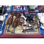 Pokerwork Pictorial Tray, a pair of oak candlesticks, Bayard bedside clock, etc.