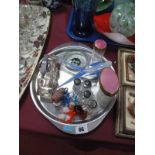 Art Deco Ruby and Clear Glass Scent Spray, tidy jars, etched dish, glass animals and Goebel bird.