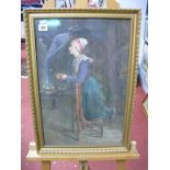 E. Pietington(?) Watercolour Study of a Lady Holding Rosary Beads, kneeling on a chair, 50.5 x