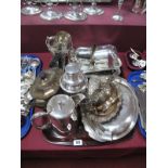 Two Electroplated Entree Dishes, hot water jug, cocktail shaker, tankards, teapot, sauce boats and