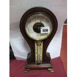 Edwardian Mantelpiece Barometer/Thermometer, in inlaid mahogany balloon shaped case, on brass feet.