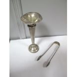 A Pair of Hallmarked Silver Fiddle Pattern Sugar Tongs, together with a trumpet shape spill vase (