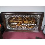 A Rosewood Panelled and Framed Indian Wall Plaque, with marquetry decoration of elephants and