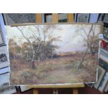 # Watercolour Circa 1920's Autumn Woodland Scene, with distant figures, 49 x 74cms, unframed.