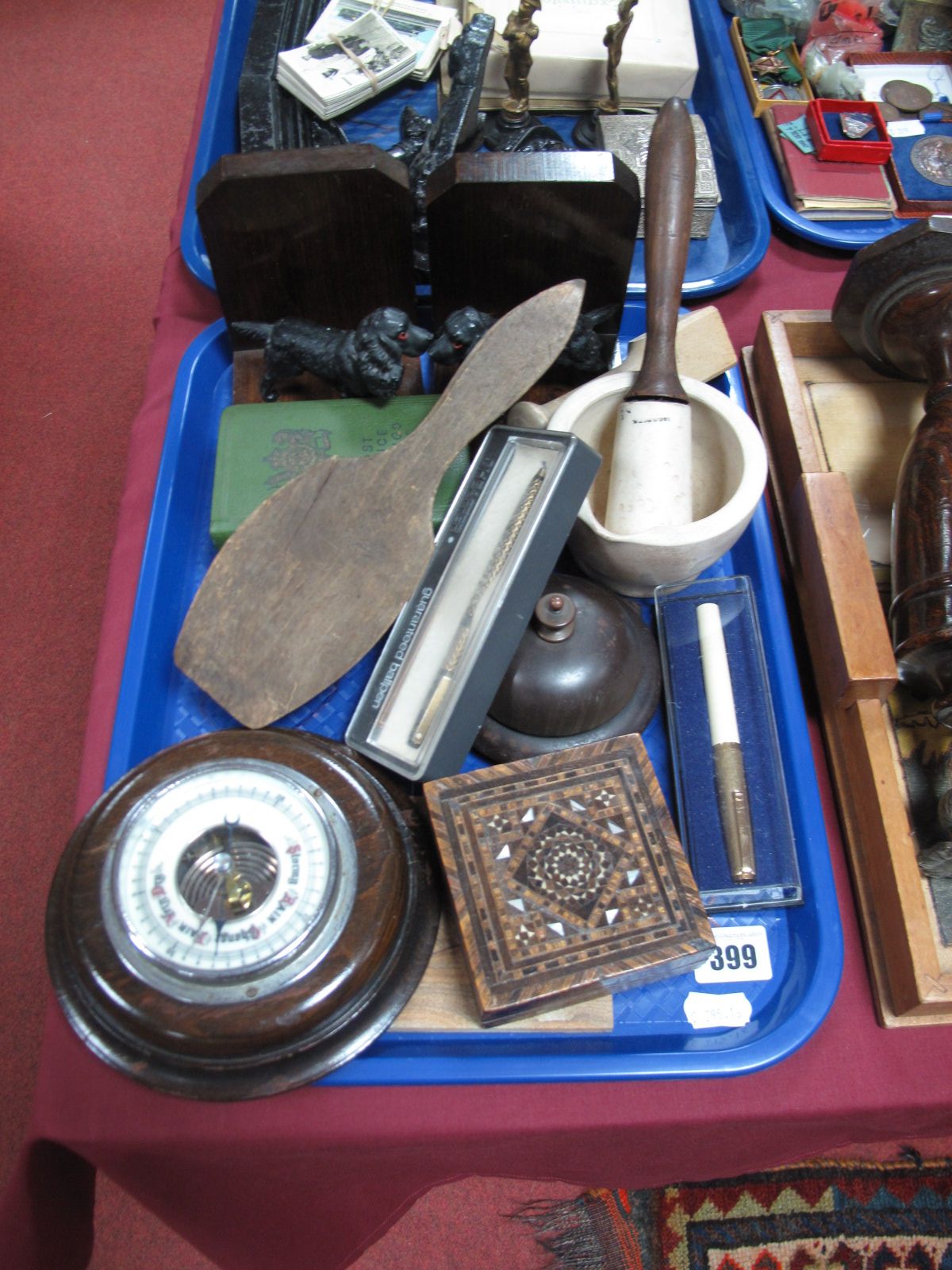 An Oak Cased Barometer, Tunbridge Ware box, Wedgwood mortar and pestle, brass desk bell, oak