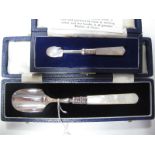 A Hallmarked Silver Cheese Scoop, with mother of pearl handle, in fitted case; together with a