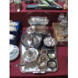 A Plated Two Tier Bon-Bon Dish, pair of plated salts, three piece plated tea service, etc:- One