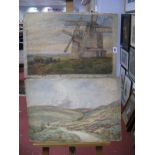 # Unframed Watercolours, twin windmill scenes, 34 x 51cms, and figure on moorland track, 40 x 58cms.