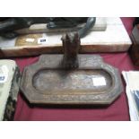 An Oak Desk Stand, circa 1930's with oval well, adzed surround, surmounted by carved owl.