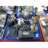 1930's Chinese Pewter Tea Caddy, in the form of a globe, pressed candlesticks, Ensign camera,