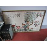 A Large Oriental Needlework Wall Picture Featuring Strutting Peacock and Pea Hen, 74 x 112cms.