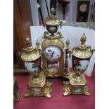 A Reproduction Late XIX Century Style Eight Day Clock Garniture, the clock with a cast brass casing,