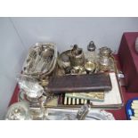 Assorted Plated Ware, including entree dishes, jug and sugar bowl on stand, cased and loose cutlery,