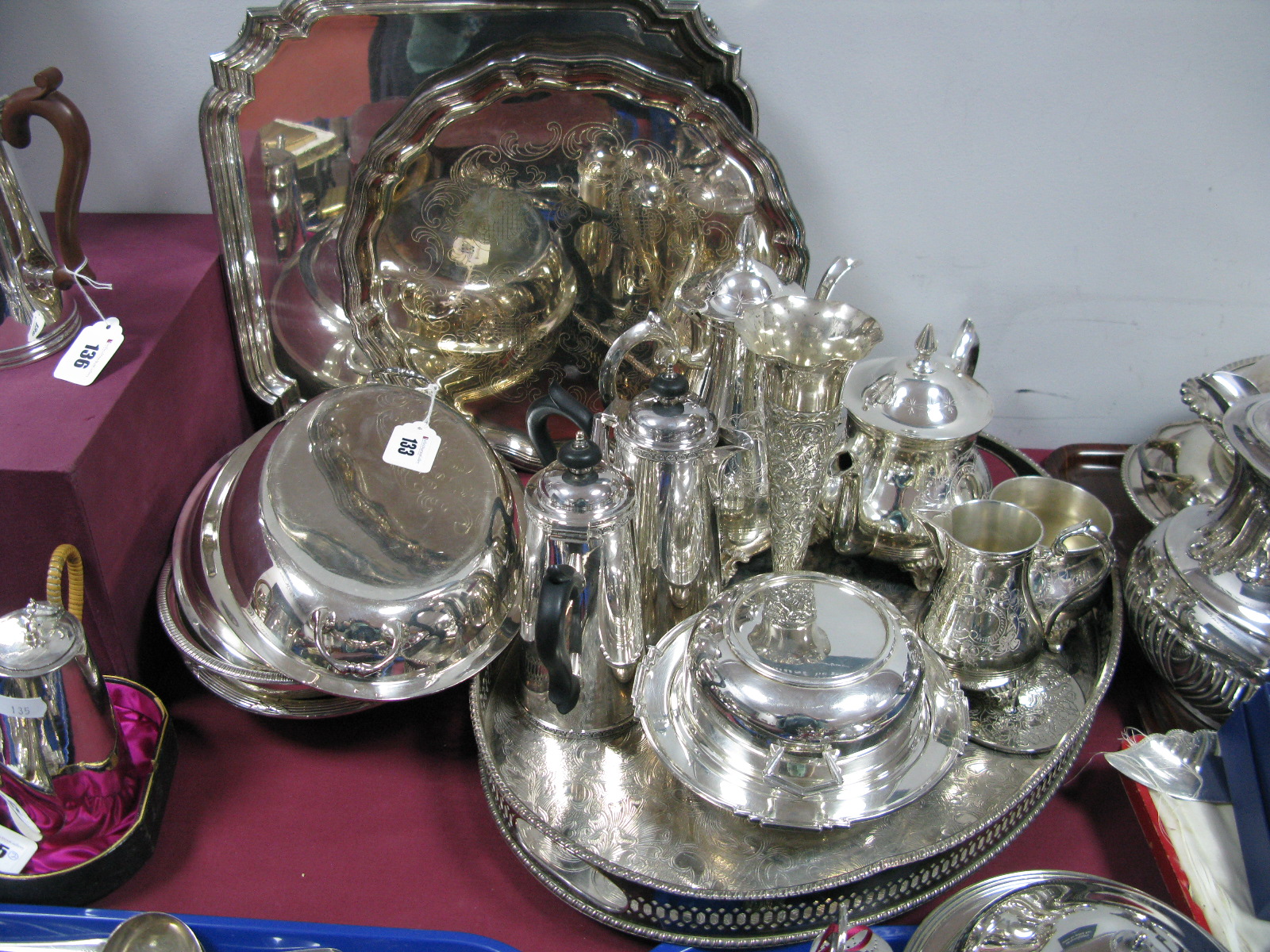 Assorted Plated Ware, including trays, teaset, vase, muffin dish, cafe au lait set, entree dishes