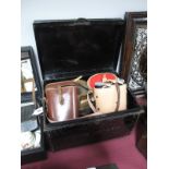 "Cadet" and French Made Binoculars, Stoneware jars, OXO tins, etc, in metal document box.