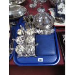 A Decorative Plated Egg Cruet Stand, complete with spoons, together with a muffin dish, thistle