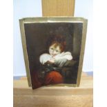 # F.S. Day After Joshua Reynolds, miniature oil on card, portrait of a red head girl, 10.5 x 8cms,