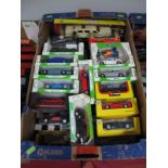 Approximately Thirty Boxed 1:43rd Scale Diecast Cars by Maisto, Corgi, Burago and Others. Race cars,