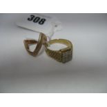 A 9ct Gold Gent's Ring, the claw set square panel between textured shoulders, together with a '