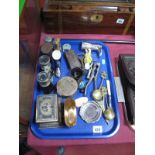 A Reproduction Compass, early XX Century opera glasses, razor, bottle openers, etc:- One Tray