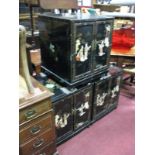 Three Matching Later XX Century Chinese Black Lacquered Bedside Cabinets, with gilt floral