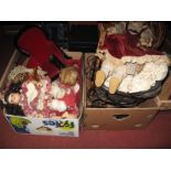 A Quantity of Pottery Dolls, small pram, basket chair, etc:- Two Boxes