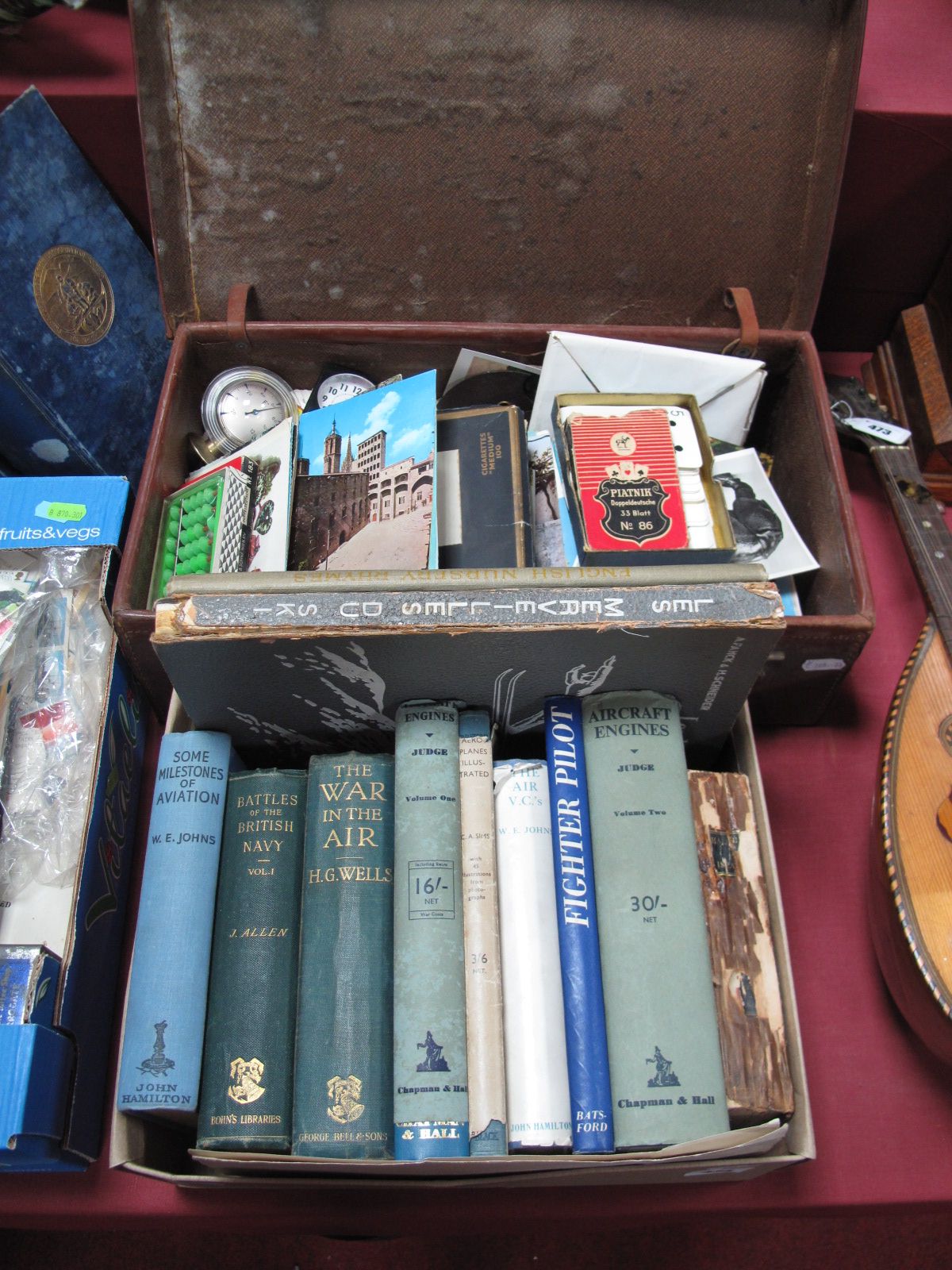 1960's Postcards, playing cards in a leather case, together with books, Aviation Aircraft Engines,