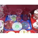 Cranberry Glass Jug, plates, modern ruby glass goblets, posy bowl etc:- One Tray