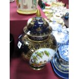 Dresden China Urn and Cover, featuring oval garden, castle and fishing scenes, gilt scroll and